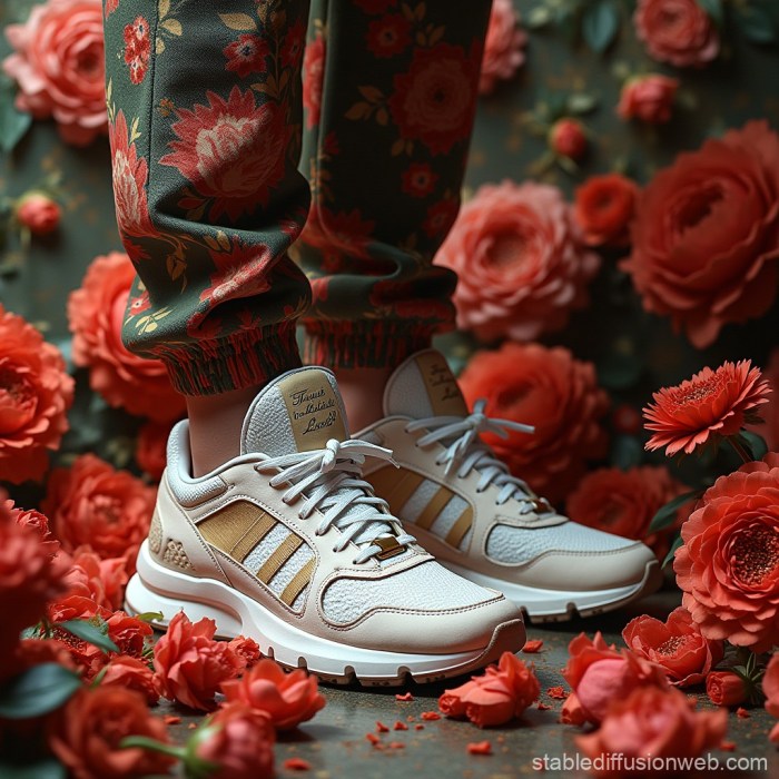 Luxury Sneakers Amidst Floral Masterpieces | Stable Diffusion Online Footwear as Art: Collectible Sneakers and Design Masterpieces